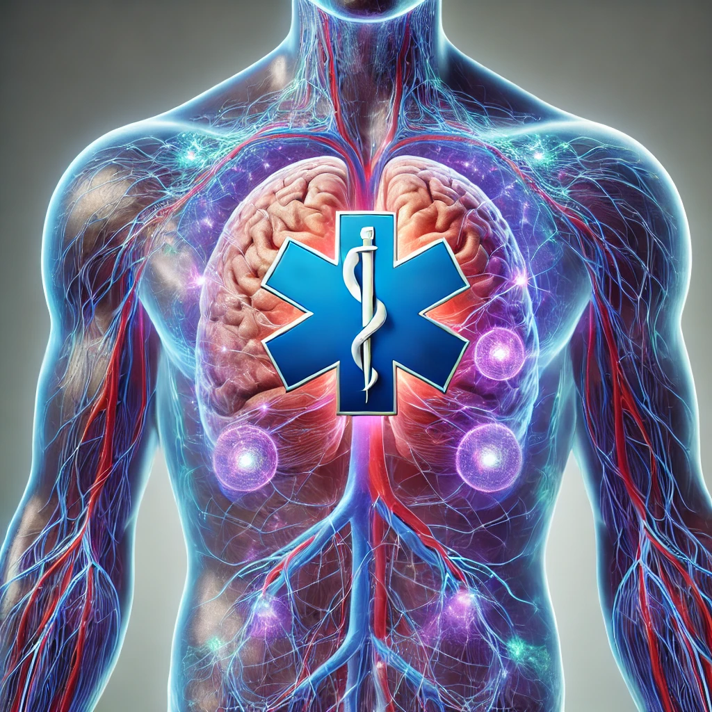 high-resolution image of a human body with the central nervous system highlighted in blues and purples, and an EMS symbol layered on top